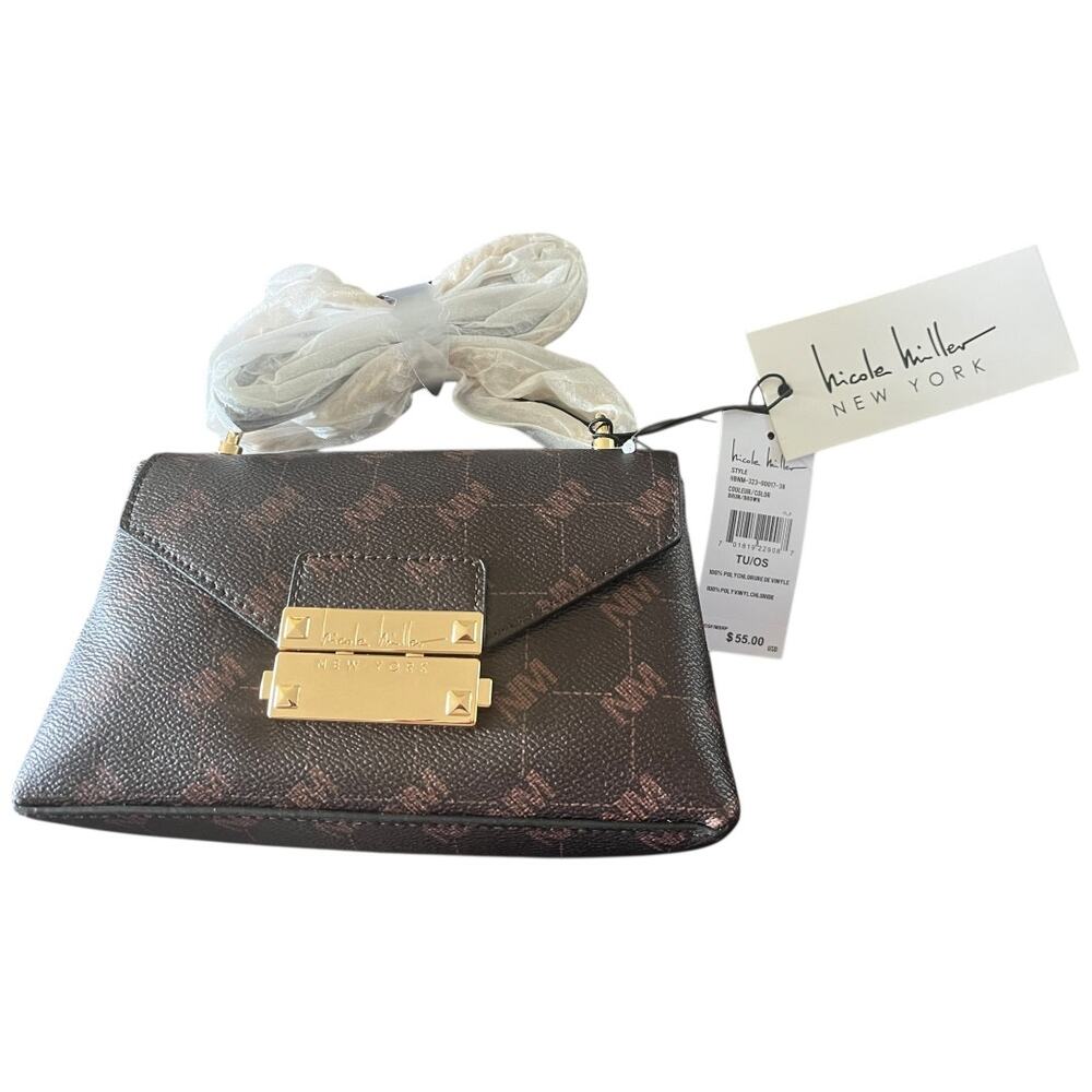 Nicole Miller faux leather Brown Gold mini crossbody chain bag latch closure NWT
